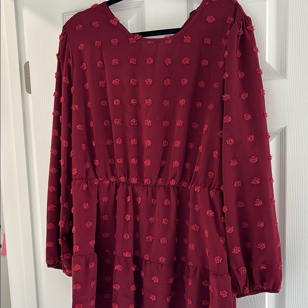 Red Textured Long Sleeve Dress